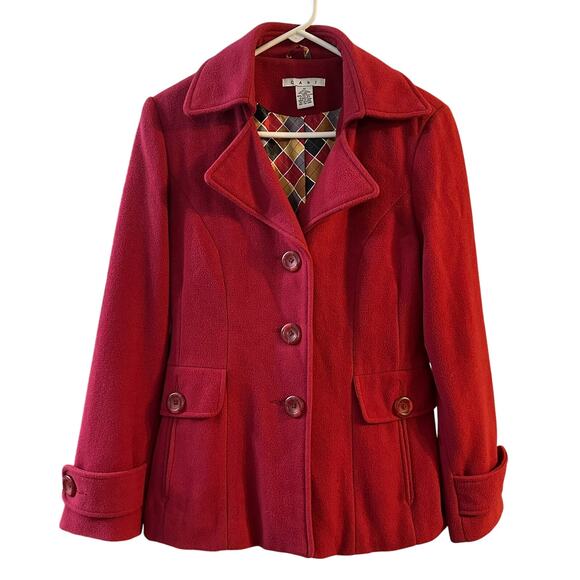 CAbi Wool Blend Coat Red Peacoat Accent Buttons Colorful Lining Size 10 - Picture 1 of 10